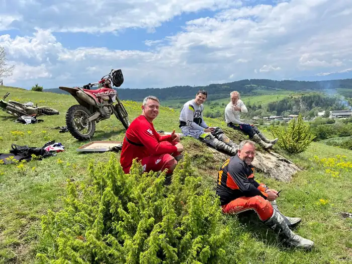 Group resting with Pirin Mountains scenery behind